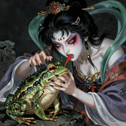 scary godlike anime fairy killing a frog violently , petite , upper body , epic , traditional makeup , gorgeous features , Post-processing , Greg rutkowski legendary matte painting , masterpiece
