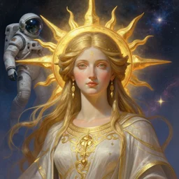 portrait of the goddess of the sun, d & d, fantasy, intricate, elegant, highly detailed, digital painting, artstation, smooth, sharp focus, illustration, art by artgerm and greg rutkowski and alphonse mucha, technomancer astronaut with an epic cosmic background in the style of erak note, eddie mendoza, christophe young, craig mullins, evan lee, silvain sarrailh, dao trong le, kan liu, character design, trending on artstation