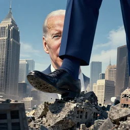 immense, majestic, surreal, terrifying joe biden crushing buildings under his heel, perfectly clear face, by j. c. leyendecker and beksinski