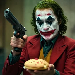 cinematic shot of the joker holding a gun and a baking powder biscuit, 8 k, very detailed, very intricate,
