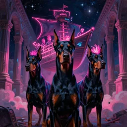 space dogs with neon mohawks, dogs, doberman, space, dark, stars, pink, oil painting, pirate neon ship with punks on board, neon, rich deep colors masterpiece, ultra detailed, contrast, lots of roman arches, clouds, sky, volumetric light, atmospheric lighting, dramatic, cinematic, moody, octane render 4 k, 8 k
