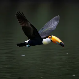 A toucan flying across a dark lake