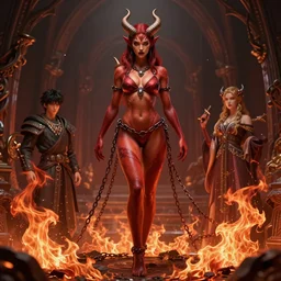 full length complex 3 d hyper realistic smooth ultra sharp render of a gorgeous!! fiery chained red skinned demoness viking warrior bikini | medieval fantasy, dark fantasy, d & d | high detail, 4 k, hd, symmetrical, proportional, cinematic, epic scene | art by oh jinwook + 吵 集 仁 儿 on artstaion + takeshi obata + alphonse mucha + jim lee