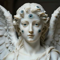 beautiful closeup portrait of a ethereal angel made of eyes, marble sculpture by greg rutkowski, josan gonzalez, rodin, michelangelo, cinematography by christopher nolan, imaginative, creative, emotion : madness