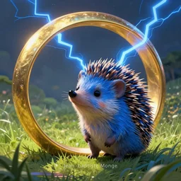( ( a cute face blue hedgehog looking up at a large ring made of gold with blue lightning. cover art. ) ), blue lightning!, large gold ring!, beautiful green grassland, early morning hours, long shadows, extremely detailed, fantasy painting, by jean - baptiste monge!!!!