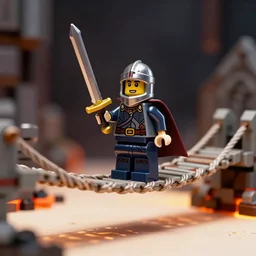 a lone knight lego minifig holding a sword, crossing a rope bridge over lava, dark background, bright foreground, fantasy, highly detailed, digital art, sharp focus