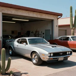 a cinematic matte painting of a sleek 1 9 7 0 s vaporwave concept retro - futurism sci - fi muscle car in an open cluttered garage in the american southwest, view from the street. cactus. by eric lafforgue, glennray tutor and edward hopper, greg rutkowski. trending on artstation.