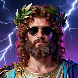 portrait of glamor greek god zeus | wearing sunglasses and a laurel wreath | curly hair, beard | lightning storm background | highly detailed | very intricate | professional model | cinematic lighting | painted by donato giancola and mandy jurgens and charlie bowater | bold colors, artdeco, art deco synthwave anime aesthestic, 8 0 s nostalgia | featured on artstation
