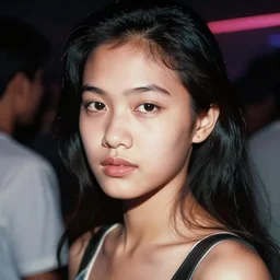 a close - up, color travel photograph portrait of a indonesian girl in the night club, dramatic lighting, 1 9 9 0 photo from live magazine.