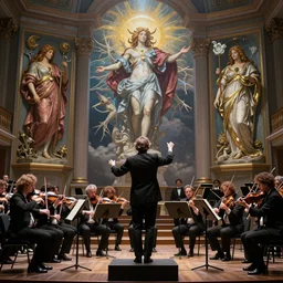 a conductor conducting an orchestra, by Rolf Armstrong and Evelyn De Morgan and Bastien Lecouffe-Deharme, dramatic lighting, high contrast colors, baroque, empyrean, panoramic view, as trending on Artstation, highly detailed, doom engine,