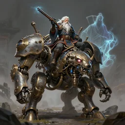 a dwarf artificer holding a musket and riding on a giant robot, golem, steampunk robot, fantasy art, chinese fantasy, dungeons and dragons, tabletop rpg, ghostblade, wlop.