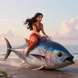 indian woman riding a giant tuna, romantic storybook fantasy, soft cinematic lighting, award, disney concept art watercolor illustration by mandy jurgens and alphonse mucha and alena aenami, pastel color palette, featured on artstation, epic, sharp focus, highly detailed, concept art, clean