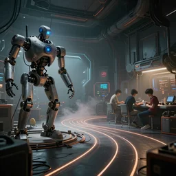 interior shot, still from ready player one, teenager hangout spot, scifi robot repair workshop, robot skeleton, darksynth, illuminated lines, outrun, vaporware misty, james gurney, katsuhiro otomo, james paick, unreal engine 5, 8 k