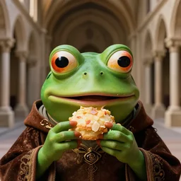 closeup portrait of a medieval pepe the frog eating cakes in the cloisters, depth of field, zeiss lens, detailed, symmetrical, centered, fashion photoshoot, by Annie Leibovitz and Steve McCurry, David Lazar, Jimmy Nelsson, Breathtaking, 8k resolution, extremely detailed, beautiful, establishing shot, artistic, hyperrealistic, beautiful face, octane render