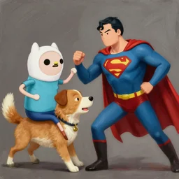 painting of Jake the dog from adventure time fighting superman , adventure time versus DC, hand to hand combat, concept art, high detail, 4k