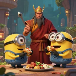 furbys eating minions battle royale The Legend of the Monk King in the style of José Casado del Alisal