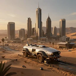 a futuristic city in the desert at dusk, diesel punk, ultra detailed, cinematic shot, photorealistic, octane render, high definition, fine details, 8 k