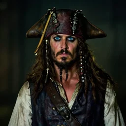 night photography, dim light, dark, pirate captain, blue eyes, long brown beard, worn and rugged