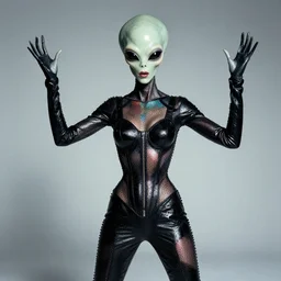 alien with telescopic limbs dressed in glam clothing, photo by cindy sherman