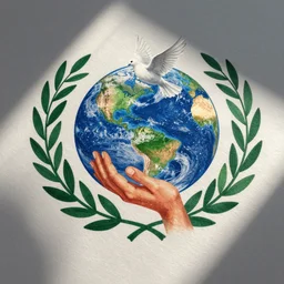 logo design incorporating a hand, the earth, a dove, and a laurel. screen print. colourful.