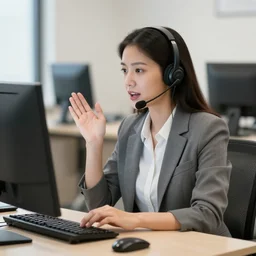 woman wearing headset in sit infront computer talking with customers. work from office. photo, digital camera photo.