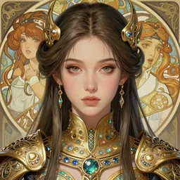 realistic detailed face portrait of a beautiful futuristic celtic priestess in opulent alien ritual armor by alphonse mucha, ayami kojima, amano, greg hildebrandt, and mark brooks, female, feminine, art nouveau, cyberpunk, neo - gothic, gothic, character concept design