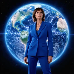 angela basset wearing a smart blue suit looks intently into the distance, behind her we see a large planet earth sparking with electrical energy, photography by fred palacio medium full shot still from bladerunner 2 0 4 9, sci fi, bladerunner, canon eos r 3, f / 3, iso 2 0 0, 1 / 1 6 0 s, 8 k, raw, unedited