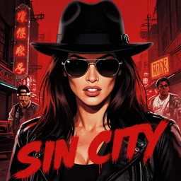 dream of a film still from sin city, closeup portrait of film noir angry megan fox private detective wearing a hat and sunglasses, china town, detailed illustration, digital art, trending on artstation, frank miller, martin ansin, action movie poster, dripping paint, red on black, patrick nagel!, graffiti, gta v,