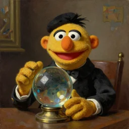 Muppet as fortuneteller holding a crystal ball, oil painting, cinematography, beautiful painting, neoclassicalism, realism, digital art