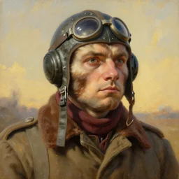 heroic weasel pilot, ww 2, wearing a vintage pilot helmet and a scarf, painted by rembrandt intricate ultra detailed painting atmospheric lighting golden hour.