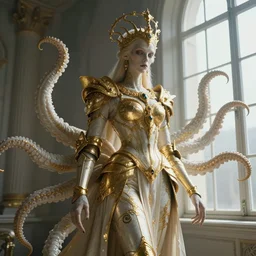 a photo of 8k ultra realistic corrupted lovecraftian golden queen standing next to a window, 8 intricate white and gold tentacles, ornate white and gold armour, cinematic lighting, trending on artstation, 4k, hyperrealistic, focused, high details, unreal engine 5, cinematic, masterpiece