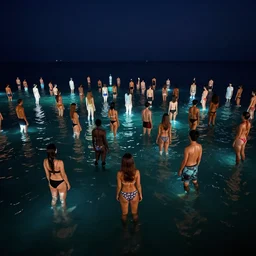 floating diverse groups of humans glowing sea at night, from behind, wide angle, elaborate, highly detailed, beautiful lighting