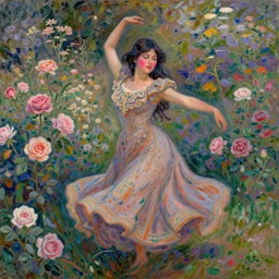 beautiful tan mexican woman, full body, dancing in a field of roses and many other exotic flowers, prominent rosy cheek bones, black hair and brown eyes, monet and da vinchi art style,