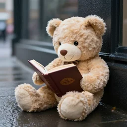 teddy bear reading on the street in the rain