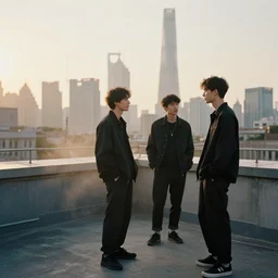 a small rooftop with a couple of modern teenagers, standing and talking to each other, highly detailed, wearing black modern clothes, modern shanghai bund is on the background, dust, sunset, by gregory crewdson