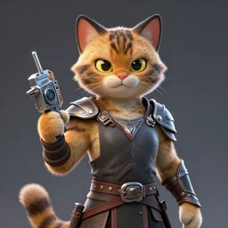 a beautiful warrior cat holding metal device, 3 d rendered, 3 d rendering, dramatic lighting, unreal enginedigital painting, concept art, smooth, sharp focus, illustration, 8 k resolution, trending on art station, cinema 4 d, behance hd