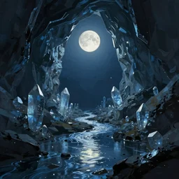 concept art by jama jurabaev, cel shaded, cinematic shot, trending on artstation, high quality, brush stroke, lonely crystal cave under moonlight reflection, and the streams are dotted with stars