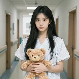 pale teenage female with long black hair and hospital gown, holding a teddy bear in a hospital hallway