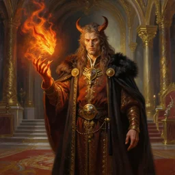 stormclaw spirit advisor, realistic fantasy painting, extremely detailed oil painting of a human advisor with a fire spirit in a royal palace by greg rutkowski and frank frazetta, trending on artstation