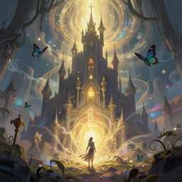 perfect expression, subconscious connects, purified consciousness, stylized digital illustration, subterranean magic castle + mote, john berkey, magic the gathering art, artifacted, butterfly's, close up, dynamic key lighting, breezy, dreamy, volumetric lighting, ethereal, alphonse mucha, stephen bliss, loish, rhads, ferdinand knab