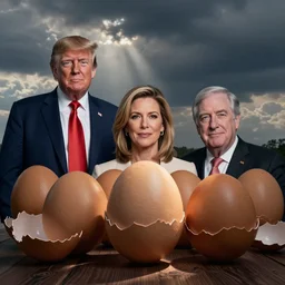 Donald Trump, Matt Gaetz, Marjorie Taylor Greene and Rudy Giuliani in egg shells photographed by Anne Geddes