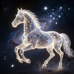 a stunning horse made of a illuminated star chart running through a space nebula by greg rutkowski, high key lighting, volumetric light, digital art, highly detailed, fine detail, intricate, ornate, complex, octane render, unreal engine, photorealistic
