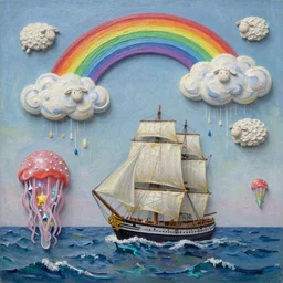 3d high relief painting of sea like jelly,Rainbow clouds like sheep floating lightly in the air, Sailing ship,dreamy, soft , highly detailed,  expressive impressionist style, painted with a palette knife, in the style of Yuri Anatolyevich Obukhovskiy