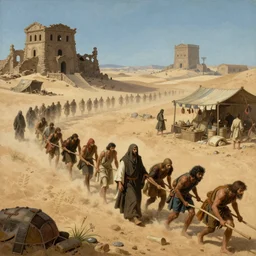 renaissance painting of a dystopian desert marketplace, old american south, ruins, sandy, a slaver is marching slaves in a line, by ruan jia, by conrad roset, by yoshitaka amano, cgsociety, artstation, portfolio quality.