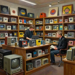 cozy seattle library gift shop. vantablack cloth technology, vintage shapes, retro technology, happy colors dariusz zawadzki, tim hildebrandt, wayne barlow, bruce pennington, larry elmore, oil on canvas, deep depth field, masterpiece, cinematic composition. dramatic zoom, hyperdetailed, hd, hdr