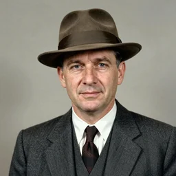A photograph portrait of Jerma985 wearing a suit with and fedora in the 1950s, taken in the early 1950s, grainy, taken on a 1950s Kodak Camera, realistic, hyperrealistic, very realistic, highly detailed, very detailed, extremely detailed, detailed, digital art, trending on artstation