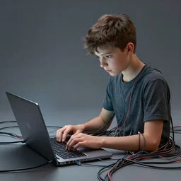 illustration of a boy connected to his laptop with hundreds of wires, highly detailed, by butcher billy, cgsociety, mcbess, rutkowski, james jean, 8 k, photorealistic