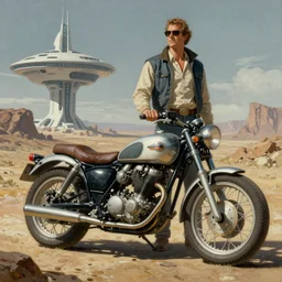 moebius and ralph mcquarrie style, vintage classic motorcycle, retro futuristic sci - fi painting illustration, blade runner 2 0 4 9, technical illustration