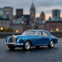 3 5 mm photo of metallic blue 1 9 9 9 rolls royce boat tail, like die cast 1 / 6 4 model with a blur montreal city as background, golden ratio, dramatic lighting, medium shot, shallow depth of field, 8 k, epic cinematic, epic lighting