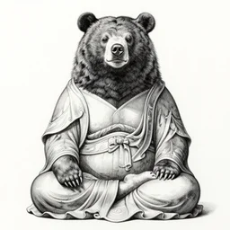 detailed pen illustration of an anthropomorphic asian black bears head on Buddhist bodhisattva body, seated in royal ease, 0.1 black micron pen on white paper, gilded gold halo behind head, 24K gold leaf, reflective, beautiful, highly detailed, fine pen work, religious iconography, white background